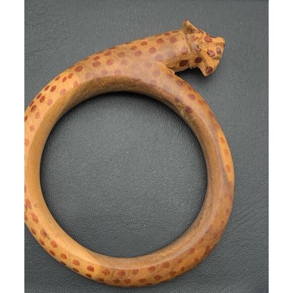 Vintage Wood Hand Carved & Painted African Leopard Shape Bangle Bracelet - Picture 2 of 4